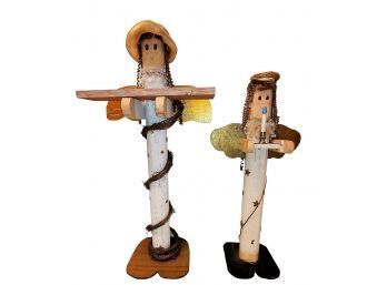 Pair 44' & 50' Wooden Folk Art Hand Painted Shelf & Night Light Figures Made From Old Fence Posts