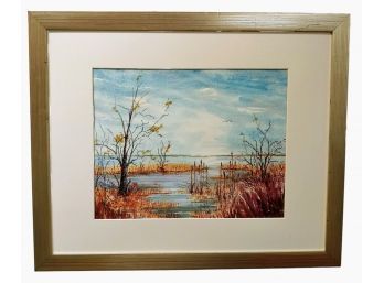 Signed Sara C Foster Impressionist Marsh Wetlands Watercolor Painting