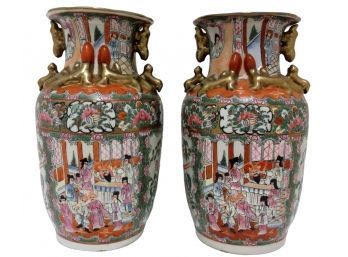 Beautiful Pair Of Vintage Chinese 14' Highly Decorated Porcelain Vases