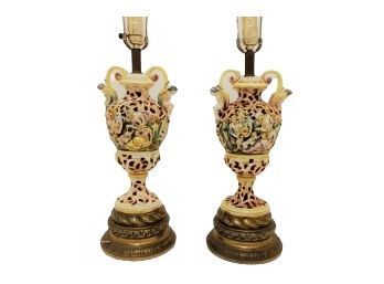 Pair Of Vintage Hand Painted Italian Capodimonte Cherub Lamps