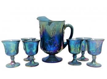 Vintage Indiana Glass Company Iridescent Blue Harvest Grape 7 Piece Pitcher Goblet Set