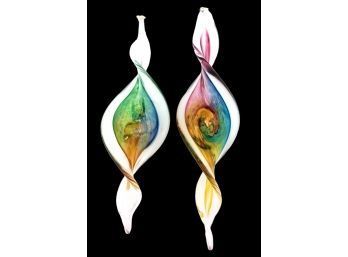 Pair Of New Luke Adams  Glass Blowing Studio Signed Large 10'  Blown Glass Hanging  Spiral  Ornaments