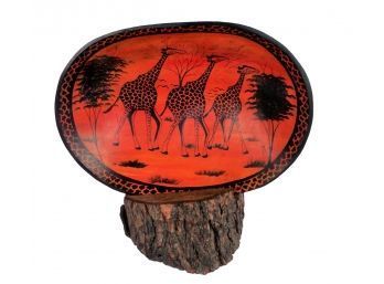 16 1/2' Hand Painted South African Wooden Giraffe Bowl With Tree Stand