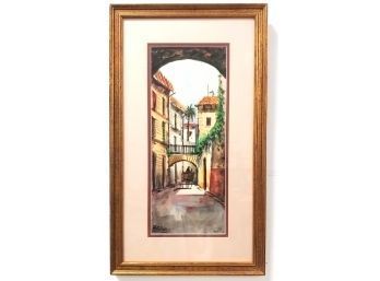 Signed Colomer Spanish Village Watercolor Gouache Painting