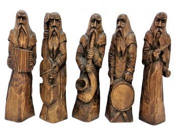 Group Of 5 Vintage Hand Carved 16' Wooden Musicians Ban