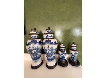 4 Antique Blue And White Chinese Ginger Jars With Stands