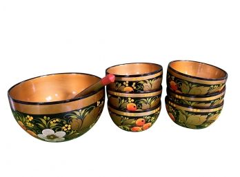Hand Painted Russian Bowls With Serving Spoon