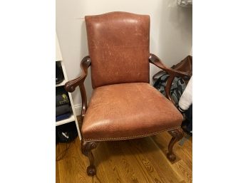Leather Arm Chair With Carved Arms