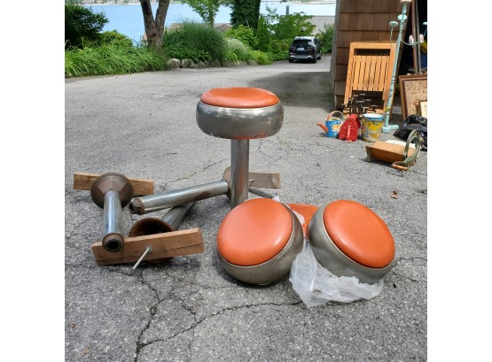 Four MCM Dairy Ice Cream Counter Orange Vinyl Stools With Strong Chrommed Metal Pedestals & Cast Iron Bases