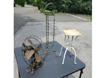 3 Vintage Metal Items - General Electric Fan, Two Cast Iron Plant Stands