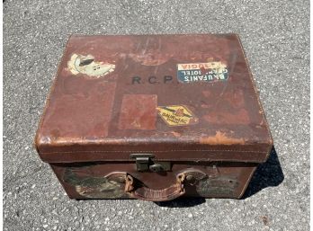 Lovely Vintage Leather Trunk With Travel Stickers And Working Hardware - AJ White From London, England!