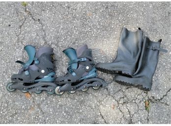 Pair Of Gap Brand Rubber Boots And Pair Of Xtenblade Brand Roller Blades