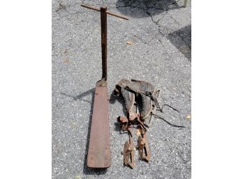 Lot Of Antique Wood & Metal Scooter And Two Pairs Of Ice Skates For Displays