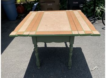 Cute Mid Century Modern Enamel- Top & Wooden Table With Green Painted Body & Turned Legs