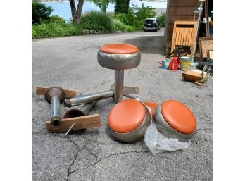 Four MCM Dairy Ice Cream Counter Orange Vinyl Stools With Strong Chrommed Metal Pedestals & Cast Iron Bases