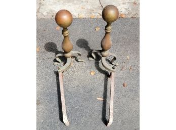 A Pair Of Vintage Brass & Cast Iron Fireplace Andirons - Log Holders / Decorations