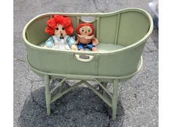 Vintage Green Baby's Crib, Raggedy Ann & Andy Dolls &  Baby's Bottle -Crib Is Rattan / Tightly Woven Wicker