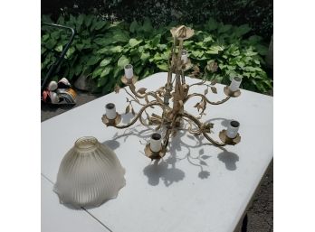 Vintage Metal Colonial 6 - Bulb Chandelier And One Antique Glass Lamp Shade
