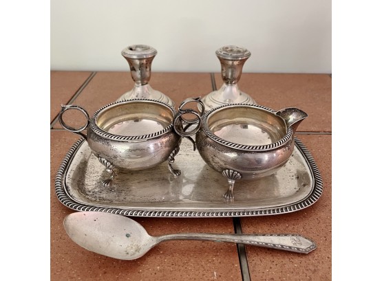 A 1950s Fisher Sterling Cream And Sugar Bowl On Tray And Reed & Barton Candleholders - Weighable 14.7oz
