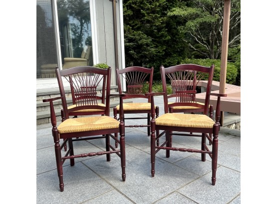 A Set Of 5 Wheat Back Rush Seat Dining Chairs - 2 Arm Chairs 3 Side Chairs