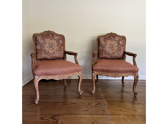 A Pair Of Queen Anne Style Carved Arm Chairs With Upholstered Backs And Seats
