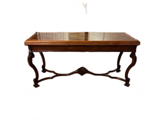 An Antique Intricately Inlaid Fruitwood Expandable Dining Table With Folding Sliding Top