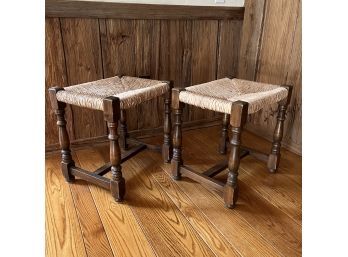 A Pair Of Wood Frame Woven Rush Seat Stools - Perfect For Casual Extra Seating