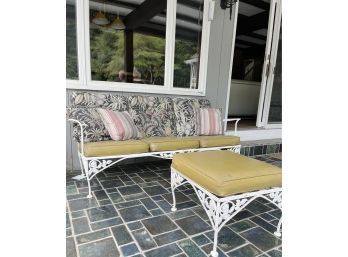 Vintage Meadowcraft White Painted Cast Iron Patio Furniture - 71' 3 Cushion Sofa And Ottoman