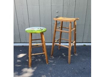 A Pair Of Stools - One With Cane Seat - Other With Hand-painted Folksy Pig