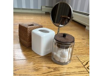 A Grouping Of Vanity Items - Mirror, Tissue Holders And Covered Glass Jar
