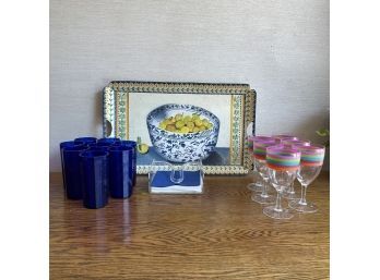 Summer Entertaining! Plastic Glassware A Handpainted Tole Tray By Linda Belden And Lucite Napkin Holder