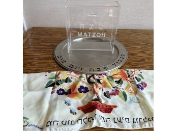 An Acrylic Matzah Box - A Pretty Floral Matzah Cover And A Pewter Plate