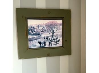 A Wide Painted Green Wood Framed Photograph Of Cows In Field
