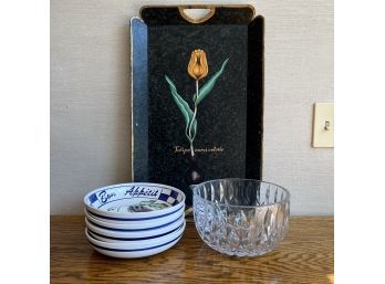 A Cut Glass Salad Bowl - Painted Tole Tray - And Italian Salad Or Pasta Bowls