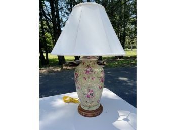 A Floral Chinese Urn Form Lamp On Wood Base - Good Quality Shade
