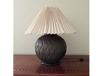 A Round Brass Repousse Lamp In Geometric Pattern With Nice Shade