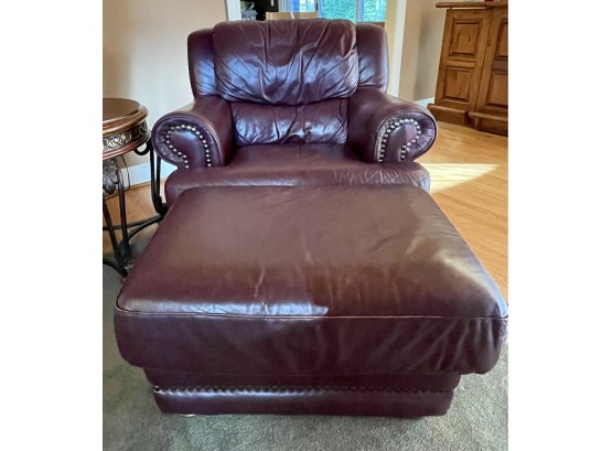 Leather Burgundy  Club Chair With Ottoman &  Nailed Accent Trim