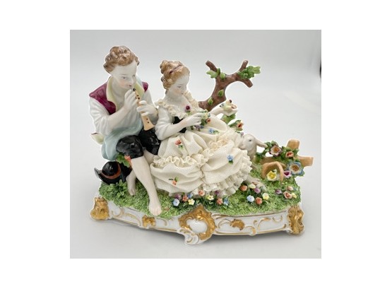 Dresden Unterweissbach Porcelain Lace Large Figurine Of Couple And Lamb