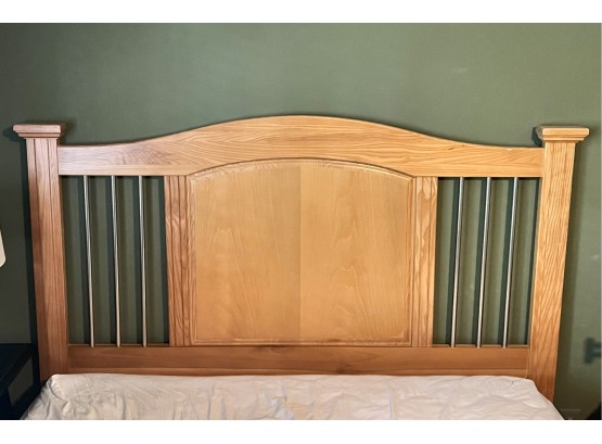 Light Wood Full Size Headboard With Brushed Nickel Bars
