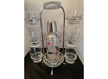 MCM Barware Shaker Set With Glasses And Chrome Stand