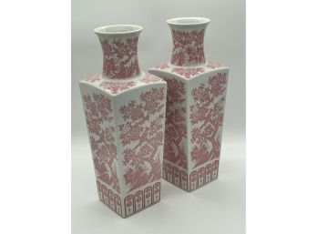 Asian Pink & White Pair Of 14-inch High Vases