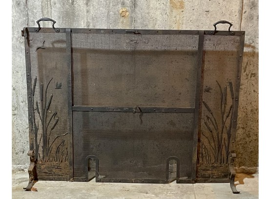 Vintage Metal Fireplace Screen With Marsh Scene And Sliding Door