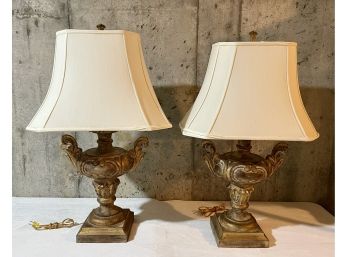 Pair Of Vintage Wooden Gold Colored Table Lamps