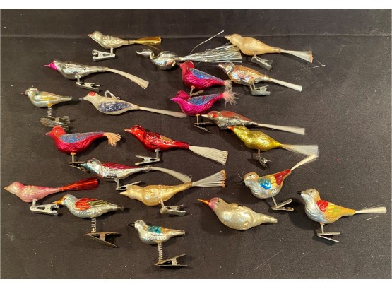 A Group Of Vintage Mercury Glass Birds Clip On Christmas Ornaments