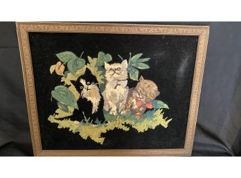 A Framed Painting Of Kittys  Hand Painted On Velvet