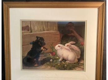 A Vintage Framed Print - Puppy And Bunnies