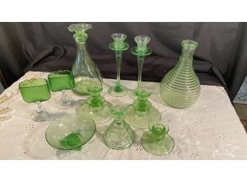 A Table Lot Of  Beautiful Green Glass Decanter, Candlesticks, Bowl & More