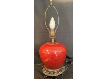 A Vintage Ceramic Table Lamp On Carved Wooden Base - Very Nice Finial