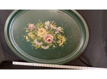 A Vintage Oval Black Metal Floral Painted Tray