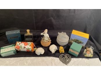 A Miscellanea Lot Of Antique Porcelain Half Doll Lady Pin Cushion, Perfume, Soap & More.